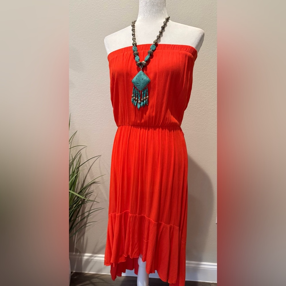 Women's Orange Strapless Asymetric Hem Dress Size M Hippie Western Beach Summer